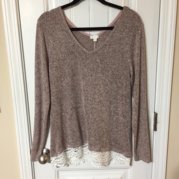 papercut Sweaters - 🚀 Pink Heather V-Neck Lace Trimmed Sweater Sz Lge